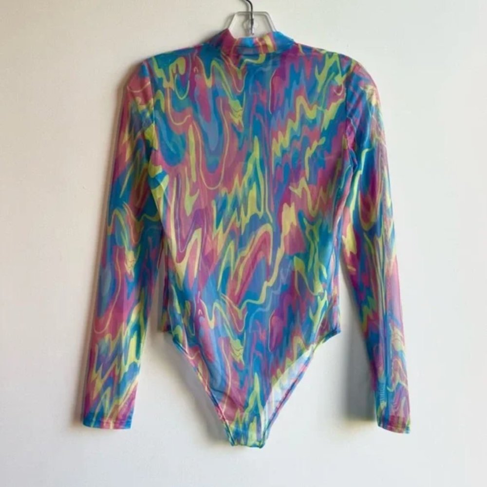 Pink blue yellow swirl all over print long sleeve mock neck bodysuit top - Picture 3 of 5